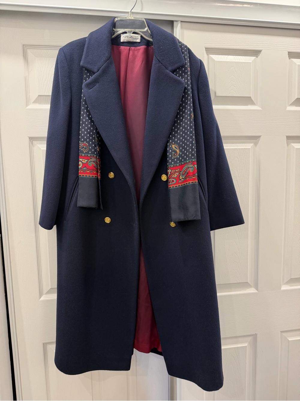 Women's Navy Double-Breasted Pea Coat with Patterned Scarf
